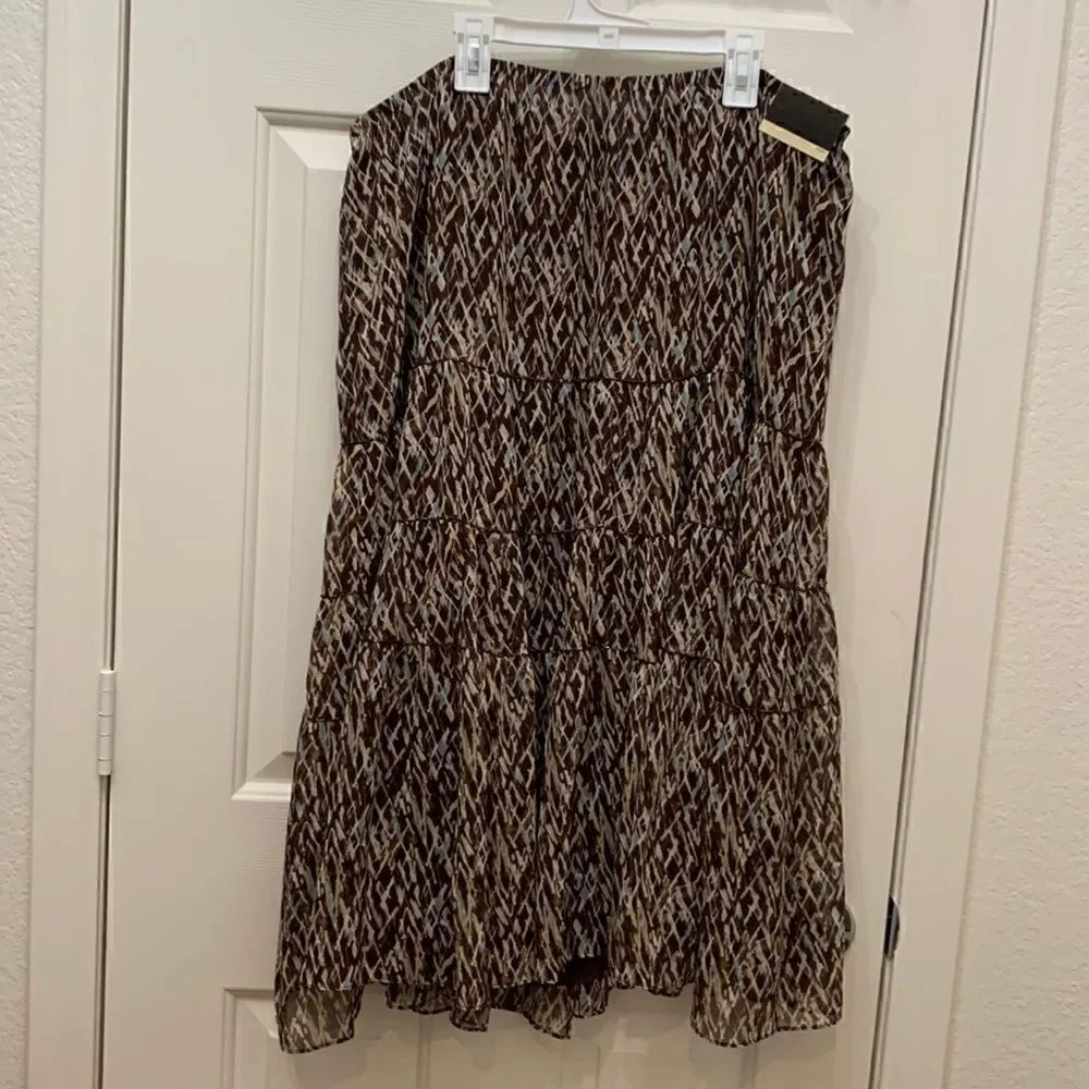 Lane Bryant Sz 18-20 Brown Blue Beaded Layered Tiered Lined Elastic Waist Skirt